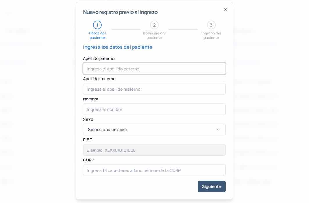 Imagen del primer paso para el registro de paciente previo