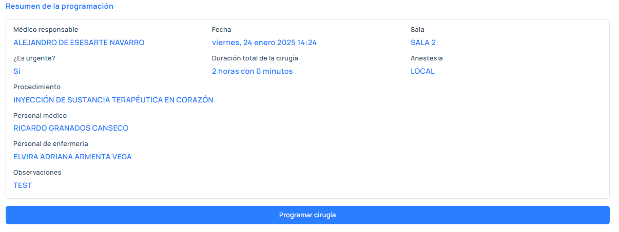 Imagen del resumen de la programacion y programar cirugía