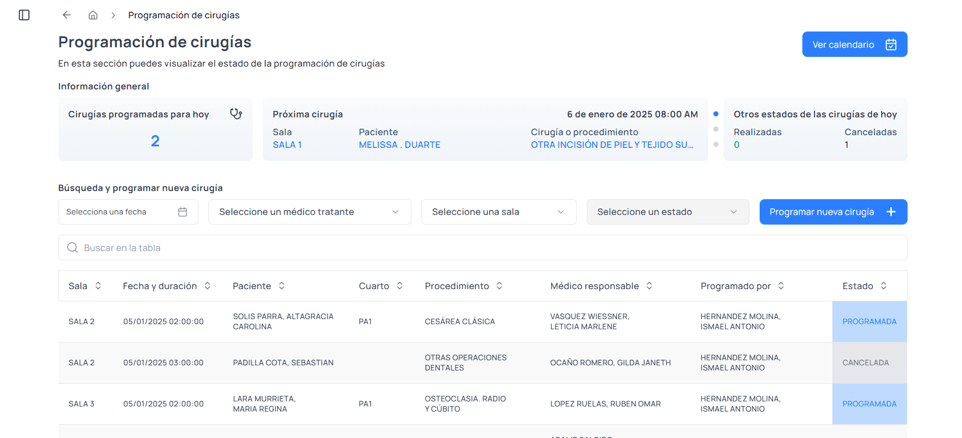 Imagen de programación de cirugías