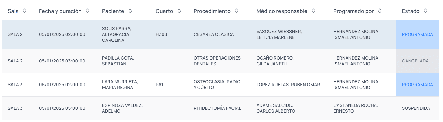 Imagen de los registros de la tabla